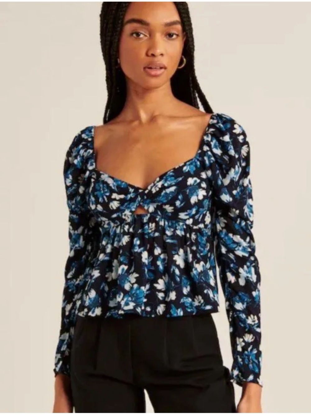 Abercrombie & Fitch Navy Blue Floral Puff-Sleeve Twist Front Peplum Blouse Sz L - Picture 5 of 6
